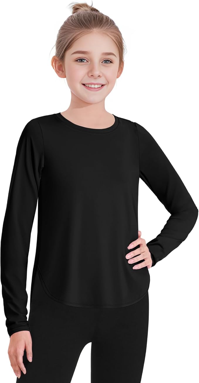 JOCMIC Girls Long Sleeve Shirts Kids Athletic Quick Dry UPF 50+ Sun Shirt Basic Tees for Gym Yoga Tops