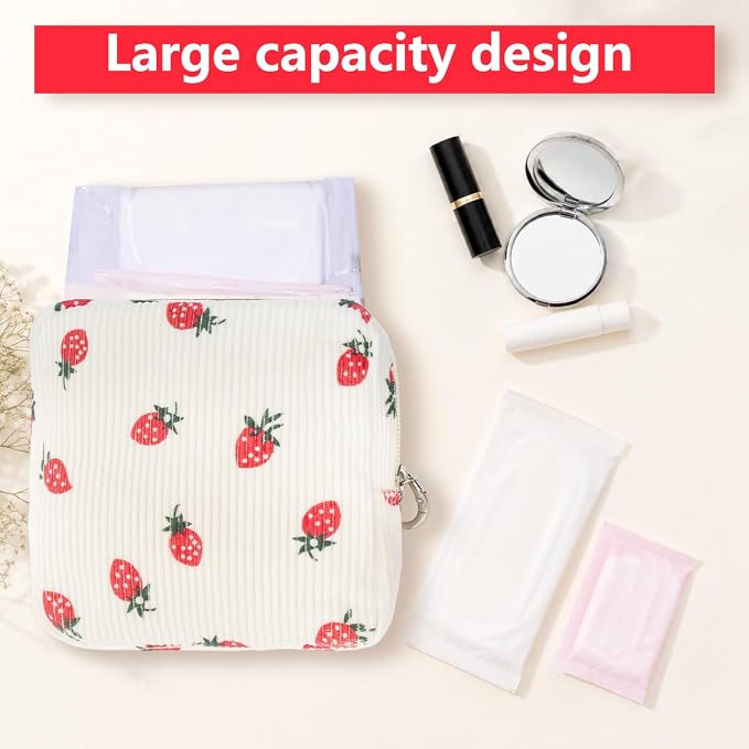 Period Bag for Girls, Corduroy Period Kit with Sanitary Pad Pouch, Menstrual Storage Bag and Tampon Holder for Purse, Girls School Essentials,Feminine Care Organizer(Strawberry)