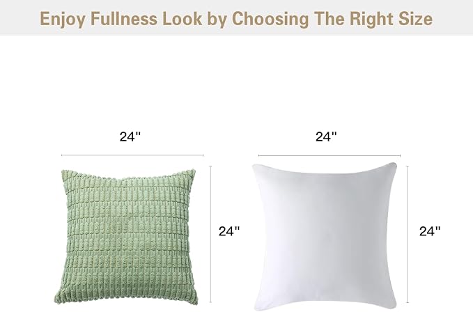 Volcanics Pack of 2 Sage Green Decorative Throw Pillow Covers 24x24 Inch | Soft Corduroy Striped Square Cushion Cases, Modern Farmhouse Boho Home Decor for Spring Couch Bed Sofa Living Room