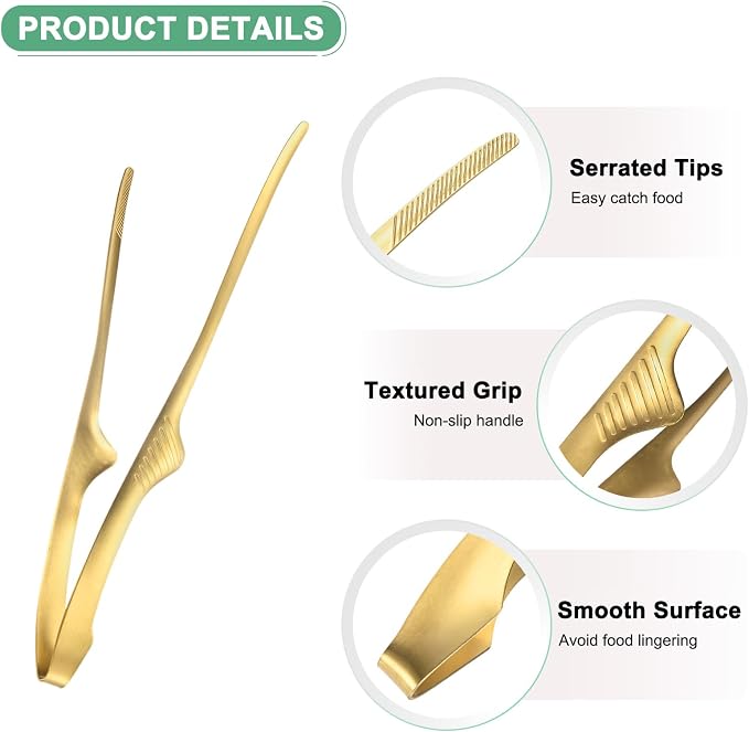 M METERXITY 5 Pcs Korean and Japanese BBQ Tongs 11.2 Inch Barbecue Tongs 430 Stainless Steel Kitchen Self-Standing Grill Non-Slip for Grill/Salad/Camping/Cooking [Gold]