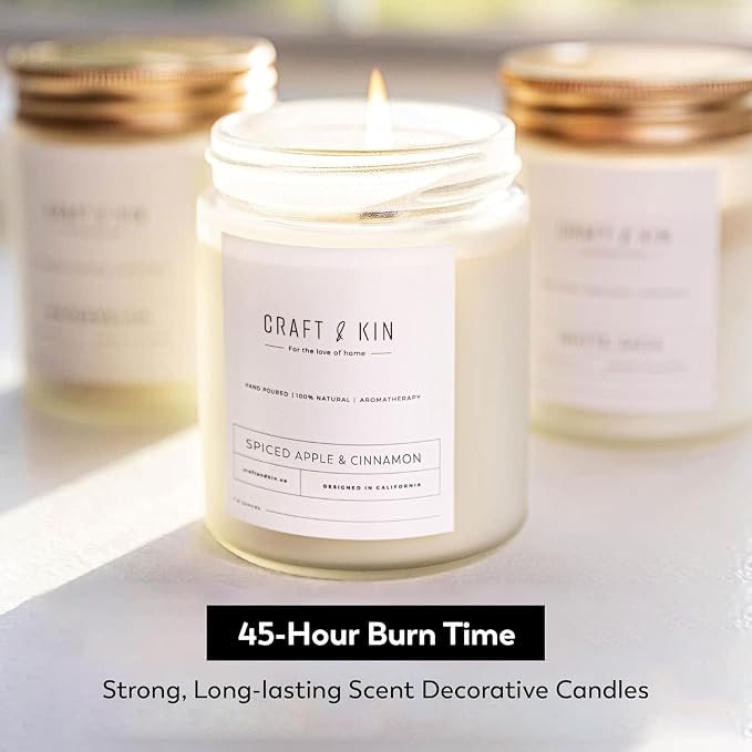 Craft & Kin Premium Apple & Cinnamon Scented Candle – Long Lasting, 45 Hour Burn Time – Luxury Natural Soy Scented Candle with Wood Wick – Room Decor and Aromatherapy – 8 oz