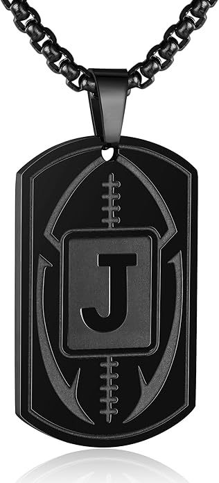 Initial A-Z Dog Tag Necklace for Men - Football Charm Pendant, Stainless Steel Chain 22+2 Inches, Personalized Sports Athletes Jewelry Gift