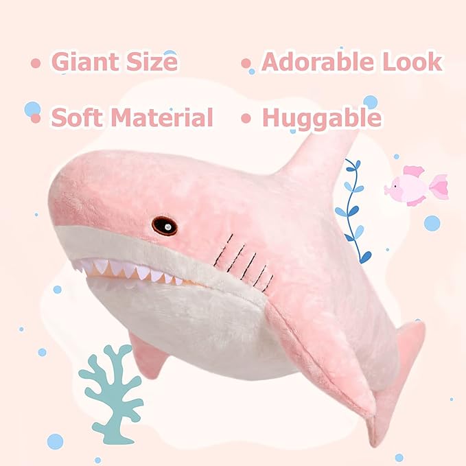 MorisMos Giant Shark Pillow, Shark Plush Toy, Big Stuffed Animal, Pink, 32in
