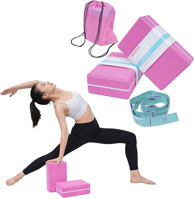 2 Pack Yoga Blocks 350g High Density, Non-Slip EVA Foam Brick with Bonus 11 loops Yoga Strap & Carry Bag, Pilates Block Set for Balance, Flexibility, Meditation, Home Gym & Studio
