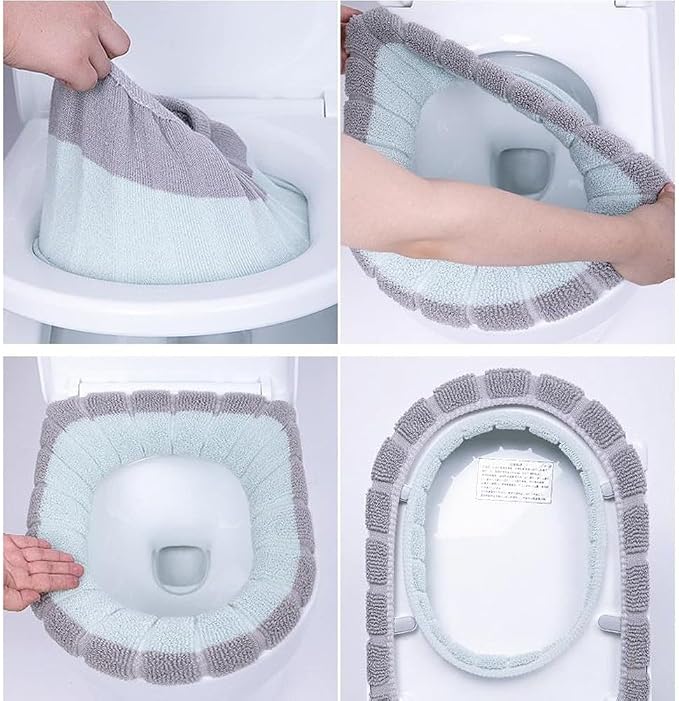 Soft Toilet Seat Cover for Fit, Thick Warm Stretchable Polyester Pad with Reusable Washable Bathroom Mat, Machine Washable Winter Warm Toilet Protector(Green with gray A)