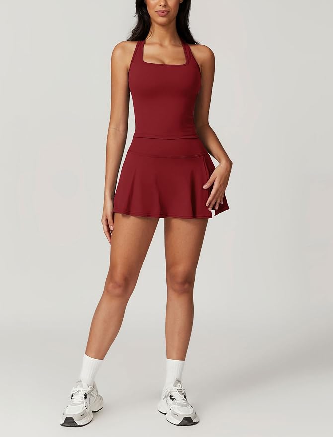 ABOCIW 2 Piece Tennis Dresses for Women Side Slit Mini Skirt Set Racerback Workout Crop Tank Top Golf Outfits
