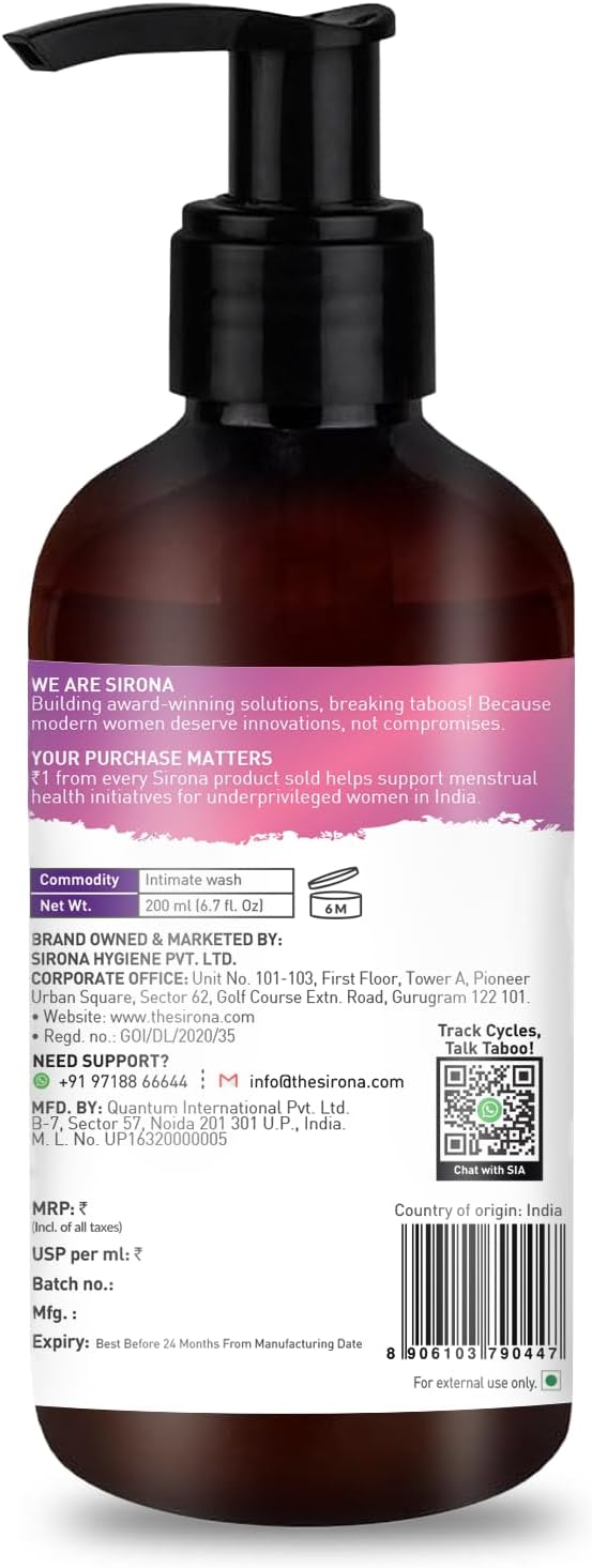Sirona pH Balancing Cleanser | Feminine Vaginal Wash | Fragrance-Free | Vaginal Cleanser for Balanced pH, Intimate Health & Hygiene | Non-Irritating with Aloe Vera for Sensitive Skin | 6.7 Fl Oz