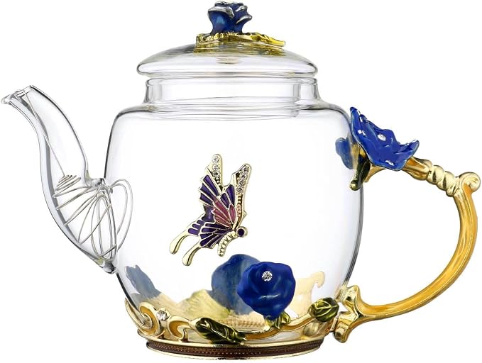 Glass Teapot -300 ml (10 oz) - Blue Rose Flower Butterfly Decoration Heat Resistant Glass Teapot Kettle Loose Leaf Teapot Tea Party Set (Blue)