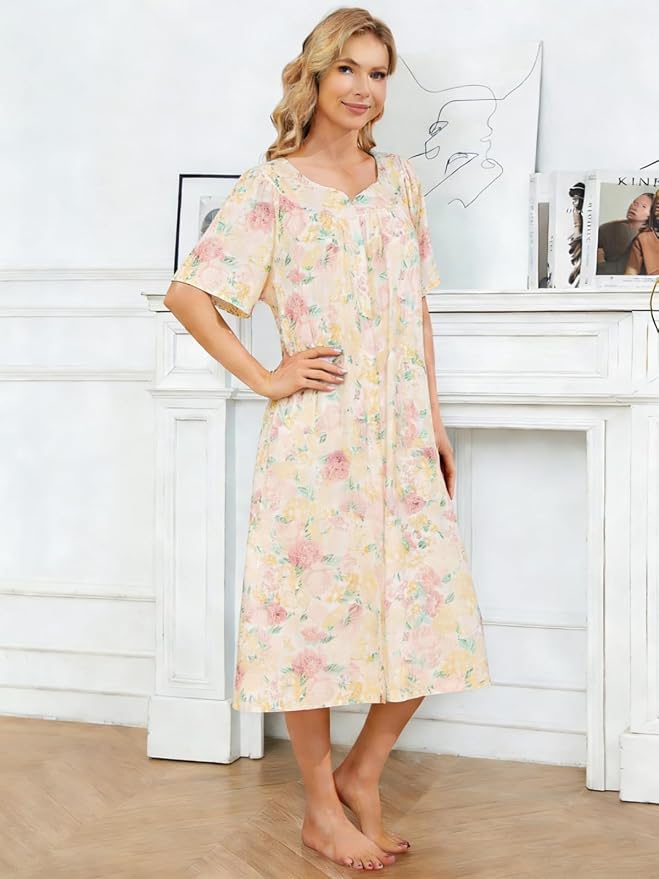 House Dresses for Women with Pockets Moo Moo Nightgown Short Sleeve Mumu Dress Lounge Dress S-3XL
