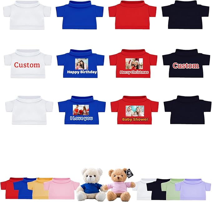 12 Pcs Custom Teddy Bear Clothes with Name Photo, Personalized Stuffed Animal Clothes for Teddy Bears Fit 8-16inch Stuffed Bear Clothing, Custom Doll Outfit Make Your Own Plush Doll Shirt