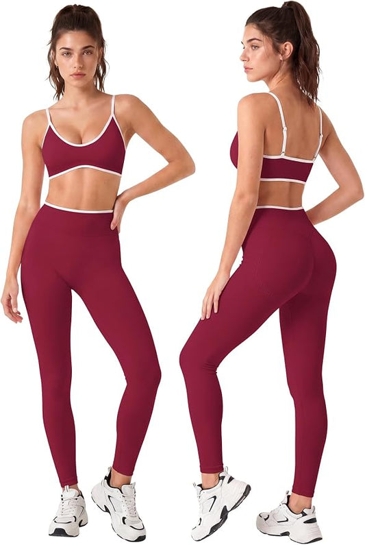 Workout Sets for Women 2 Piece Seamless Color Block Sports Bra Padded Scrunch Butt Lifting Leggings Matching Outfit
