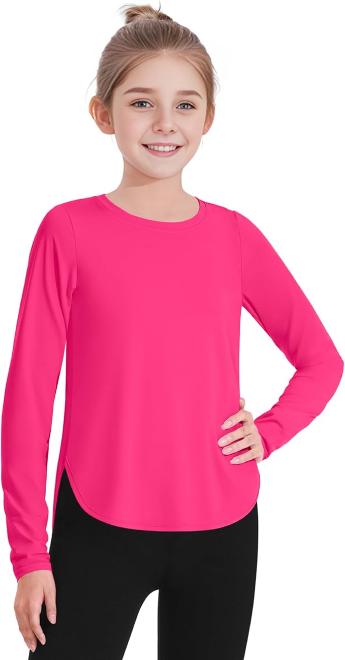 JOCMIC Girls Long Sleeve Shirts Kids Athletic Quick Dry UPF 50+ Sun Shirt Basic Tees for Gym Yoga Tops
