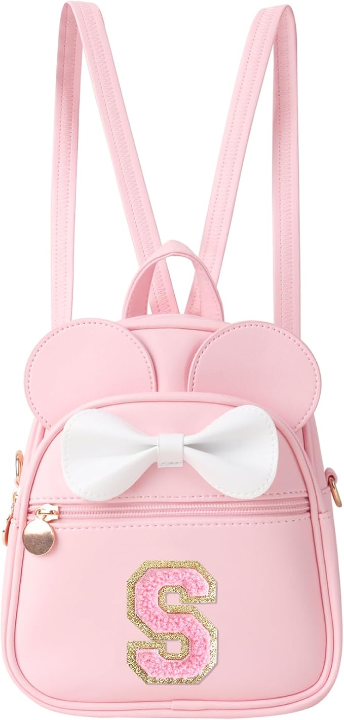 Personalized Toddler Backpack for Girls 3–10, Cute Mini Bowknot Mouse-Ear Toddler Bookbag Crossbody Purse, Small Daypack Wallet Set, Initial Birthday Gift, Trendy Little Kids/Teen Bag(Pink,S)