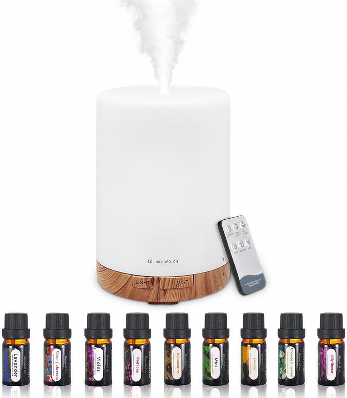 Aromatherapy Diffuser, Remote Control Essential Oil Diffuser 300ML, with 7 Color LED Light, Auto Off Timer Quiet for Bedroom Living Room Kitchen Home Gift