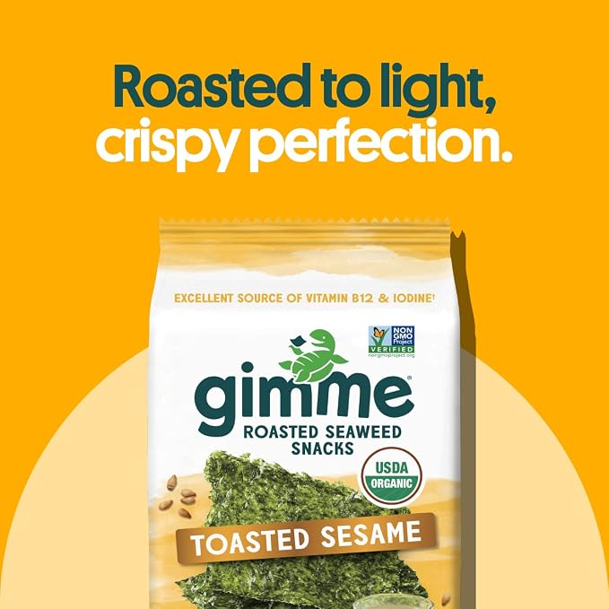 Gimme Seaweed Organic Premium Roasted Seaweed Snacks, Toasted Sesame, 12 Count Sharing Size, Keto, Vegan, Gluten-Free, Great Source of Omega3s and Iodine, Healthy On-The-Go Snack for Kids and Adults