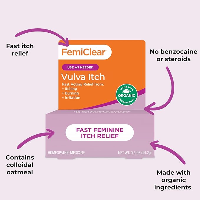 FemiClear Vulva Itch Relief Ointment, Fast-Acting, 0.5 Oz | Soothing Relief for Vaginal Itching, Burning, Irritation, Discomfort, Steroid-Free Care, All-Natural & Organic Ingredients