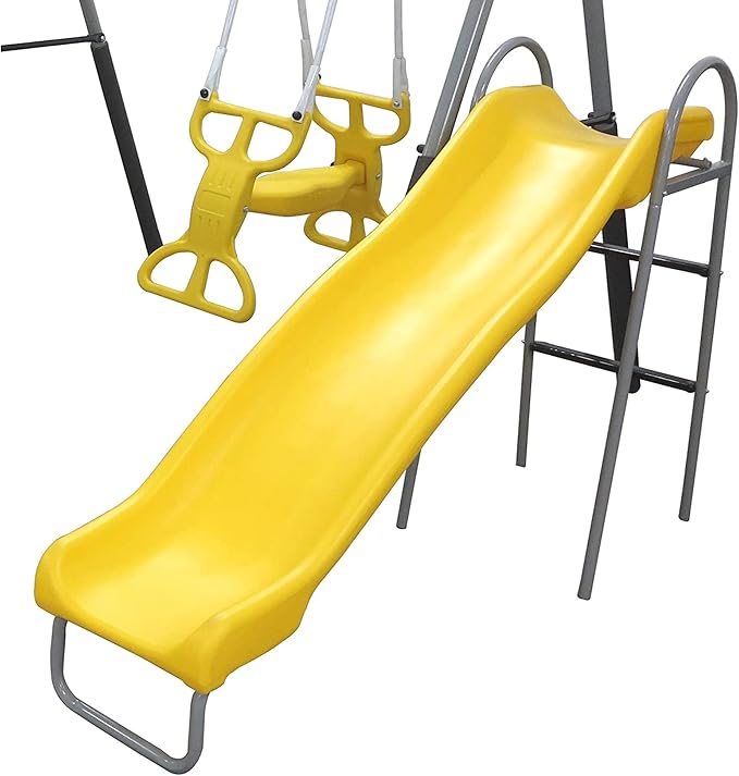 XDP Recreation Rising Sun Playground Metal A Frame Kids Swing Set with Outdoor Backyard Playset with Slide, See Saw, Glider, and Swings, Yellow