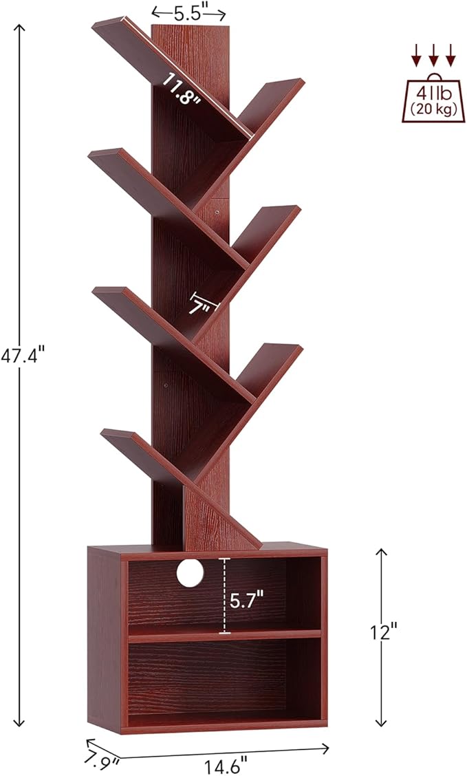 SUNMORY 6 Tier Tree Bookshelf, Tall Small Bookcase with Storage Cabinet | Narrow Bookshelves Organizer, Floor Standing Book Case Shelf for Bedroom Living Room Home Office Corner, Cherry