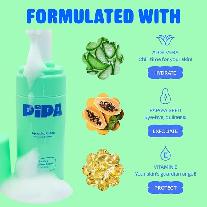 Pipa Skincare Squeaky Clean Foaming Cleanser 3.4 fl oz | Gentle Face Wash for Kids & Teens Ages 8 to 13 | Fragrance-Free, Dermatologist & Pediatrician Approved | Daily Hydrating Facial Cleanser