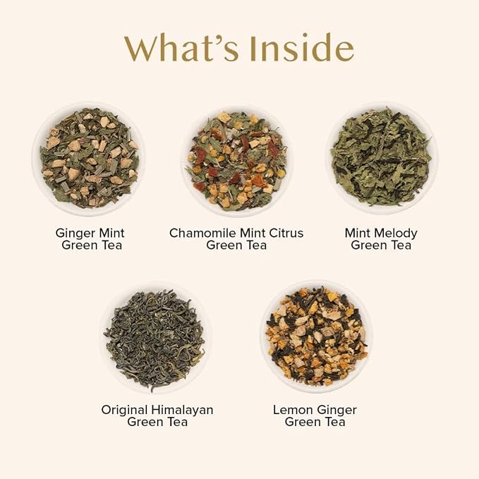 VAHDAM, Assorted Green Tea Bags Sampler (5 Flavors, 20 Ecofriendly Pyramid Tea bags) I Gift Ideas for Women & Men | Himalayan Green Tea Varieties | Gluten Free & Non GMO | Gift Ideas for Him/Her