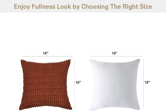 Volcanics Pack of 2 Fall Rust Decorative Throw Pillow Covers 18x18 Inch | Soft Corduroy Striped Square Cushion Cases, Modern Farmhouse Boho Home Decor for Couch Bed Sofa Living Room