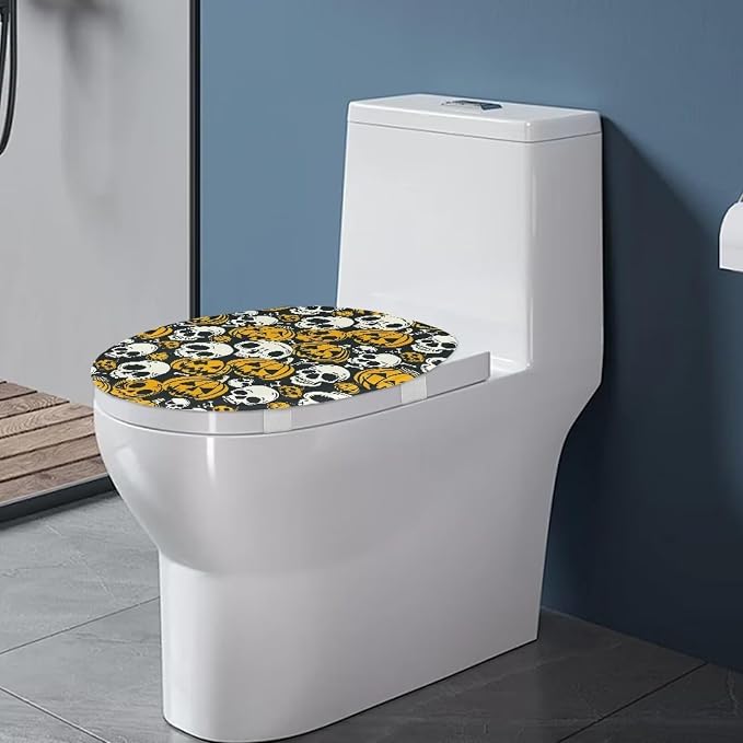 Toilet Seat Cover, Machine Washable Reusable Toilet Seat Cover, Suitable for Most Round, Elongated and Oblong Toilet Lid Cover-Halloween Skull Pumpkins