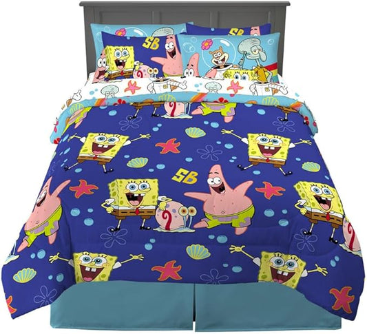 Spongebob Squarepants Kids Bedding Super Soft & Cozy Reversible Microfiber Comforter and Sheet Set with Sham, 7 Piece Queen Size, (Officially Licensed Product) by Franco