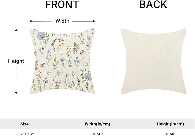 Spring Pillow Covers 16x16 Inch Set of 2, Sage Green Blue Wild Flower Throw Pillows Case,Colorful Seasonal Floral Plant Outdoor Decorative Farmhouse Decor Cushion Covers for Home Sofa Bed Couch