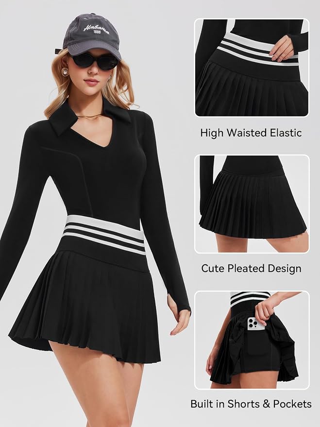 Women 2 Piece Tennis Skirt Set Polo Golf Outfits Racerback Tank Top Pleated Skort with Pockets Summer Workout Athletic Dress