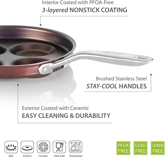 TECHEF - Egg Pan Nonstick, Aluminium Plett Pan, 4 Egg Frying Pan for Perfect Breakfast Eggs, Pancakes, Hamburgers & More, Non Toxic PFOA-Free, Easy to Clean, Made in Korea (No Induction)