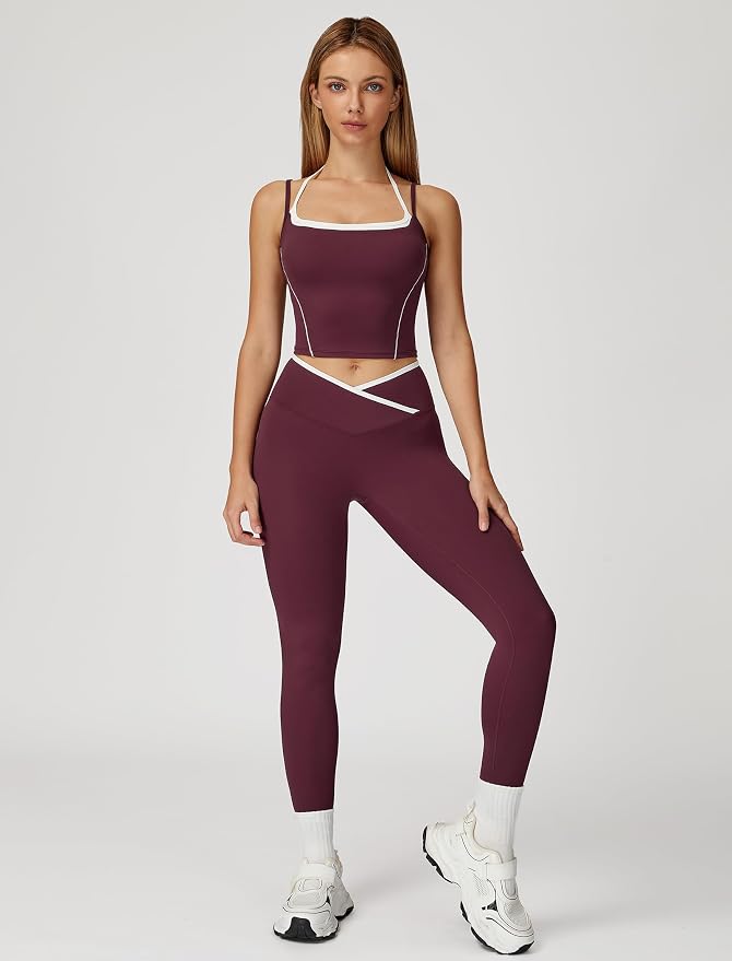 ABOCIW Workout Sets for Women 2 Piece Color Block Strappy Sports Bra High Waist Shorts Gym Yoga Pilates Outfits