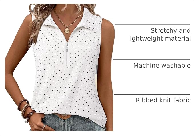 Vivilli Womens Ribbed Tank Top Zipper V Neck Dressy Casual Blouses Sleeveless Camisole Tops Work Tank Polo Shirts