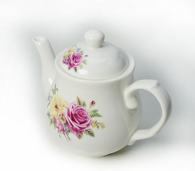 European Style Porcelain Teapot 400ml, Small Chinese White Teapot with Flowers Coffee Tea Water Pot Vintage Ceramic Litter Kettle (14oz)