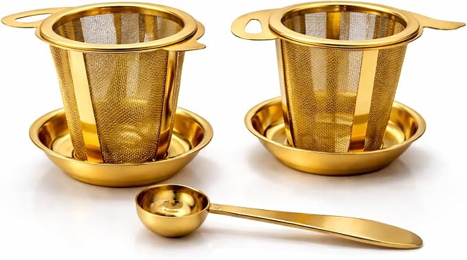 Tea Infuser Set (2 Pack) – Gold Stainless Steel Loose Leaf Tea Strainers with Drip Trays & Scoop – Gift Box for Tea Lovers