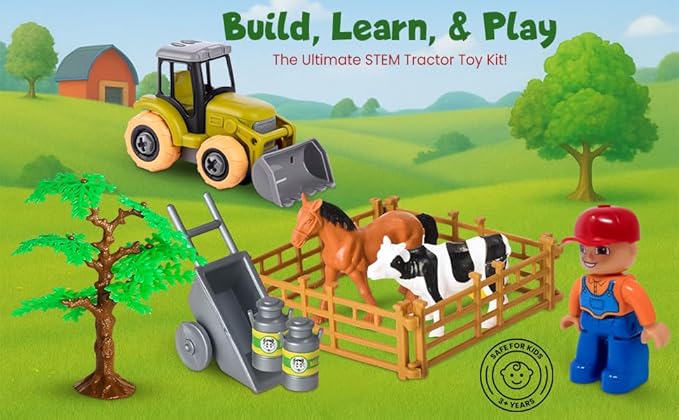 Take-Apart Tractor STEM Kit with Drill - DIY Farm Playset, Educational Construction Toy for Boys & Girls Ages 3–6, Solid Colors Gift
