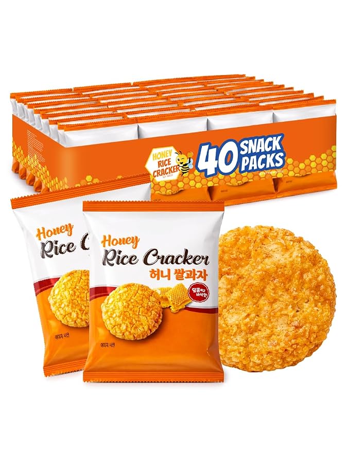 Crispy Honey Snow Flower Rice Crackers, Individually Wrapped Korean Rice Snacks, Crunchy Sweet Rice Crackers, 40 Pack