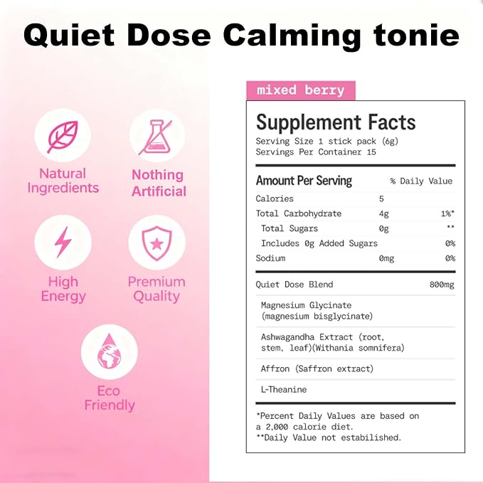 Quiet Dose calm magnesium powder, cortisol reducer supplement, calming drink powder with Magnesium Glycinate, Ashwagandha, L-Theanine, Vitamin D3, | Vegan, Non-GMO, Berry Flavor