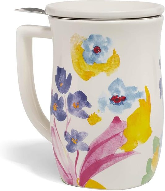 Tea Forte Ceramic Fiore Cup with Handle, Removeable Stainless Steel Infuser Basket and Lid, Steeps 14 oz Loose Leaf Tea, Dishwasher & Microwave Safe, Volare