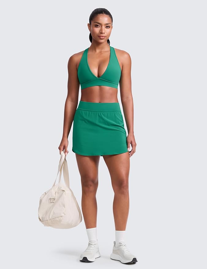 CRZ YOGA Butterlift Deep V Neck Sports Bras for Women - Padded Gym Wide Straps Cut-Out Cross Back Crop Pilates Workout Top