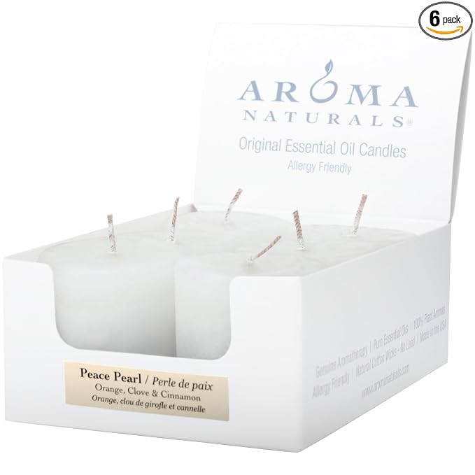 Aroma Naturals Votive Candles with Orange Clove and Cinnamon Essential Oil White Scented, Peace Pearl, 5.5x3.75x2 Inch (Pack of 6)