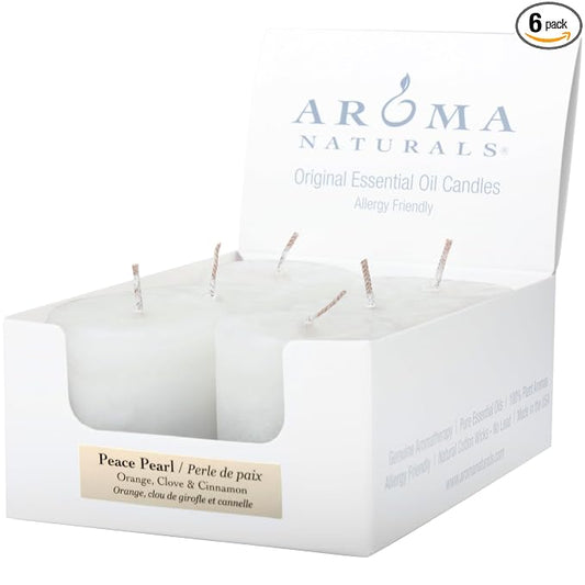 Aroma Naturals Votive Candles with Orange Clove and Cinnamon Essential Oil White Scented, Peace Pearl, 5.5x3.75x2 Inch (Pack of 6)