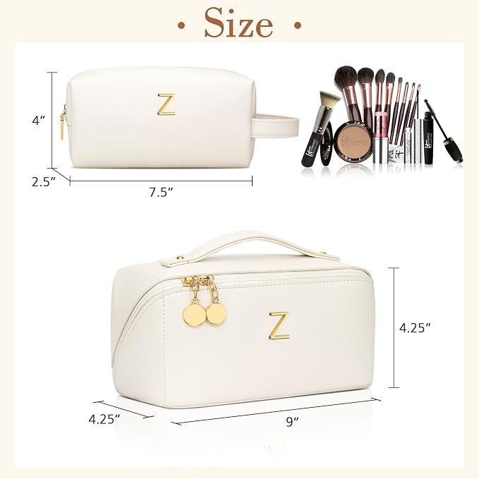 KKXIU Initial Makeup Bag for Women - Personalized Makeup Bag Gifts for Women, Travel Toiletry Bag with PU Leather, Open Flat Design with Top Handle, Cosmetic Bag Set with Multi-Pocket (Beige,Z)