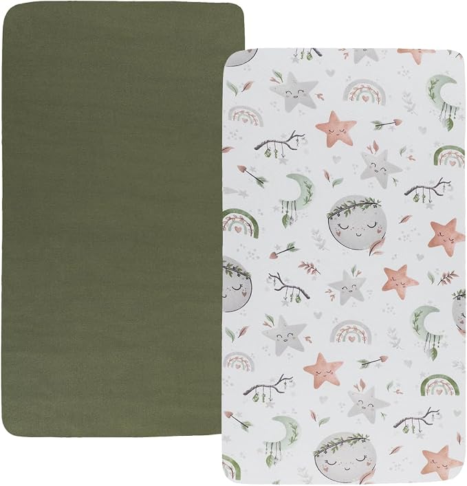 Pack n Play Sheet Stretchy Fitted Portable Mini Crib Sheets Set 2 Pack,Playard Sheets Convertible Playard Mattress Cover,Ultra Soft Jersey Material, Light Green & Moon