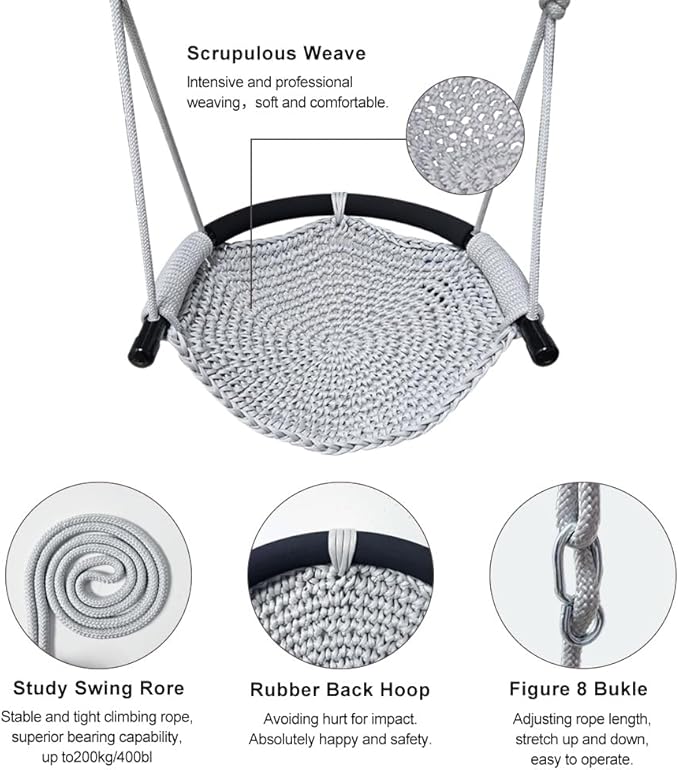 Hand-Knitting Toddler Swing Seat for Kids with Adjustable Ropes, Little tikes Swings Set, for Outdoor Indoor, Playground, Backyard (Gray)