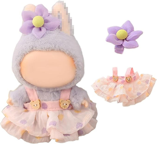 17 cm Doll Clothes (NO Doll) - Premium Doll Clothing & Accessories, Pink Back Dress Set - Egg Flower Hair Clip + Love Bear Dress(Style I)