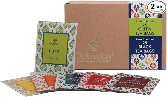Octavius Tea Variety Pack | 6 Assorted Black & Green 50 Teas | Tea Sampler Pack of 2