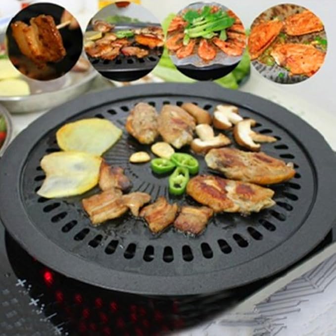 Korean BBQ Grill Pan - Round Iron Roasting Tray Nonstick Oil Drain Design 32 cm for Indoor Outdoor Barbecue Meat Vegetables