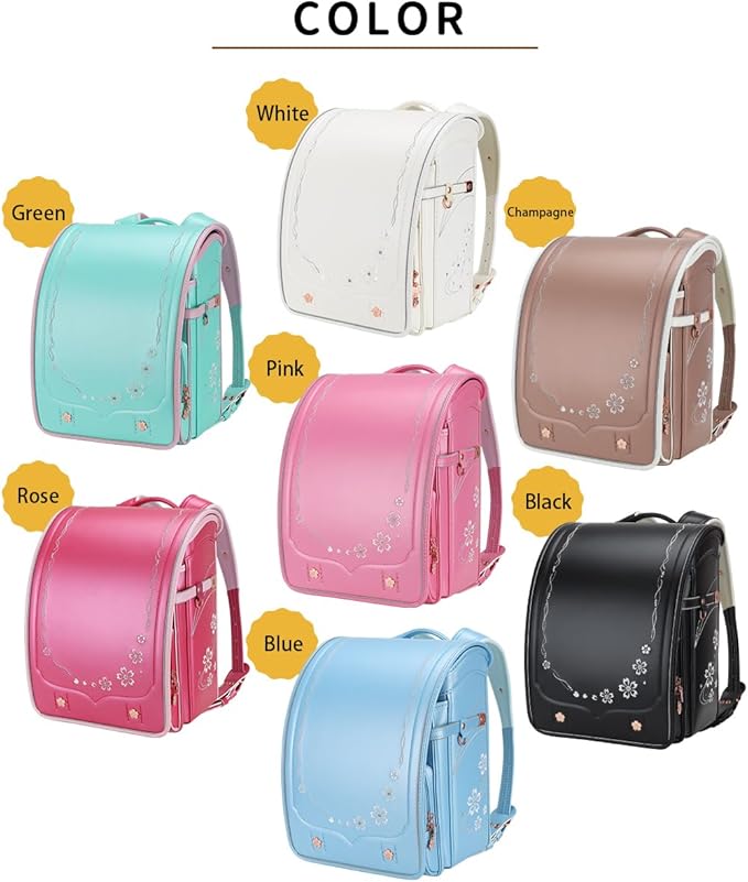IwaiLoft Ransel Randoseru Backpack Automatic Satchel Japanese School Bag Cherry Blossom Sakura Embroidery PU Bookbag for Girls (White)