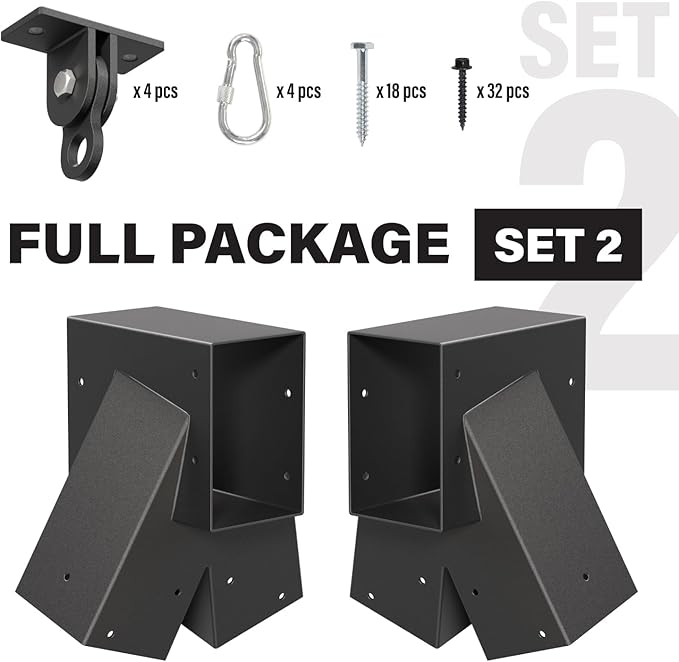 Heavy Duty Swing Sets Bracket Kit, Including 2 A-Frame Swing Set Brackets and 4 Swing Hangers, for Playground Equipment Mounting Parts, Porch, Yard (Black)