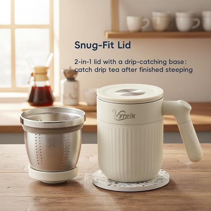 Tea Infuser Cup doubles as Insulated Coffee Mug,Tea Cup with Lid and Handles,Removable Stainless Steel Tea Strainers for Loose Tea (WHITE)